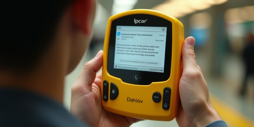 a person holding a yellow device with a screen on it's display area and a text message on the screen