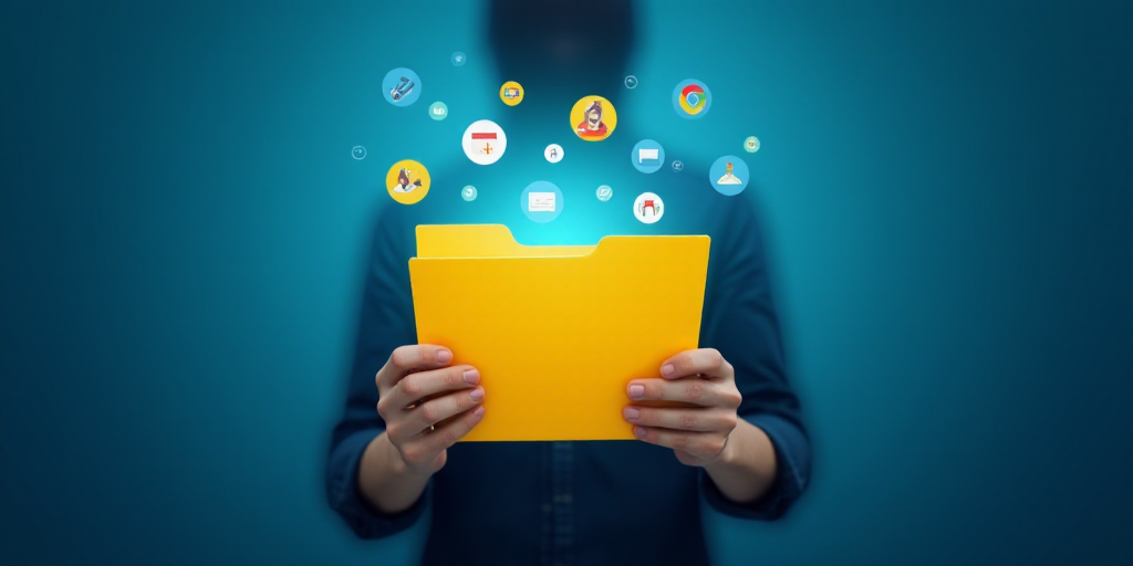 a person holding a yellow folder in their hands with icons coming out of it and a blue background wi