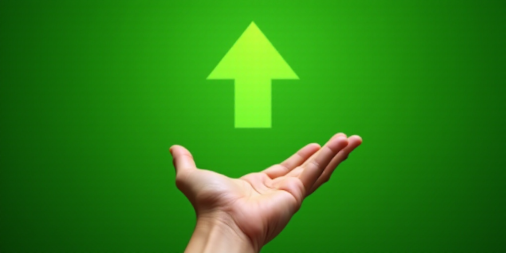 a person holding out their hand with a green background and a green arrow symbol in the middle of th