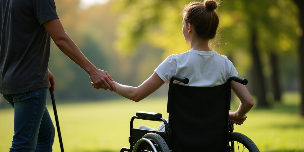 a person holding the hand of a person in a wheelchair with a cane in their hand, in a park, Celia Fi