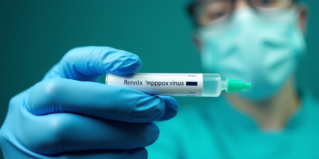 a person in a blue glove holding a tube of mppox viruus in their hand with a green tip, Aquirax Uno,