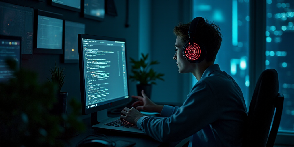 a person in a dark room with a laptop and headphones on their headset and a futuristic screen, Andri