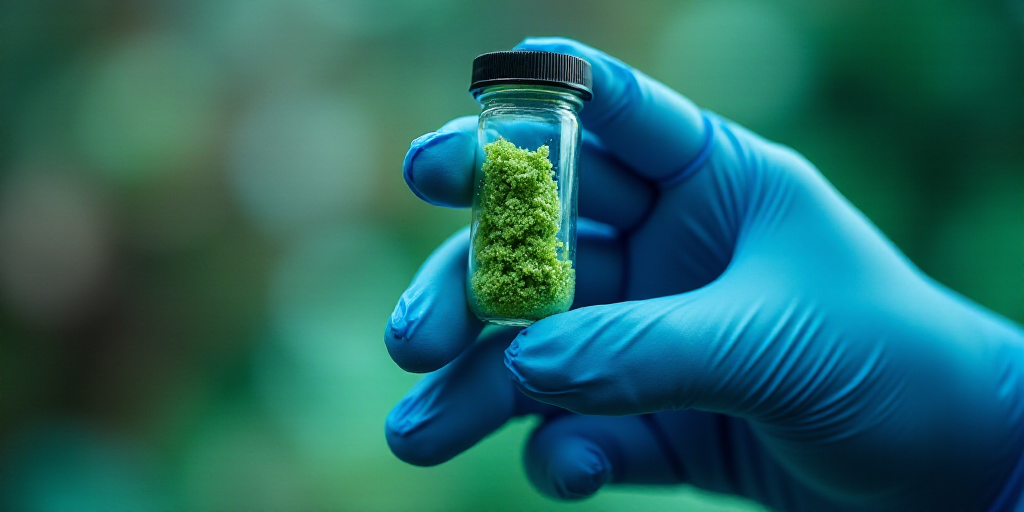 a person in a glove holding a small vial with a green substance in it's hand and a blue glove on, Da
