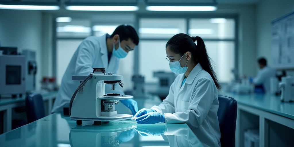 a person in a lab coat and mask working on a machine with a glass table in front of it, Dahlov Ipcar