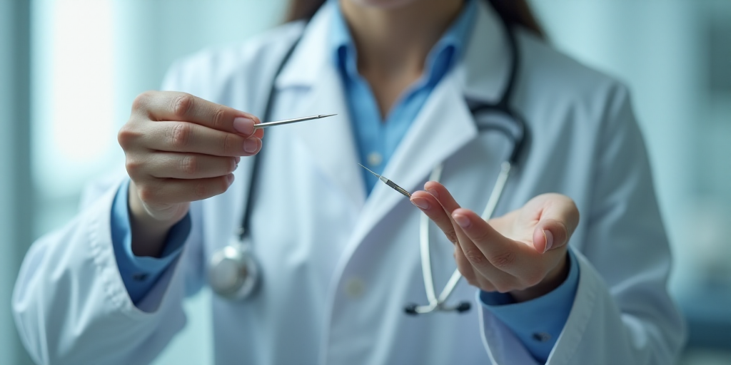 a person in a white coat is holding a syil and a needle in their hand and a needle in the other hand