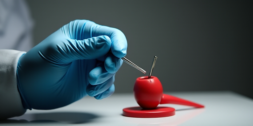 a person in gloves and gloves is holding a pipe with a needle in it and a red stand with a red stand