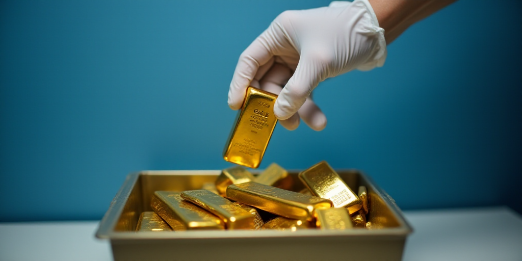 a person in white gloves and white gloves is placing gold bars into a container with a blue backgrou