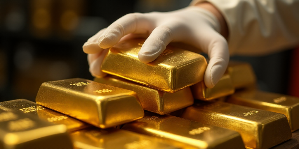 a person in white gloves holding a gold bar over a pile of gold bars and other gold bars in front of
