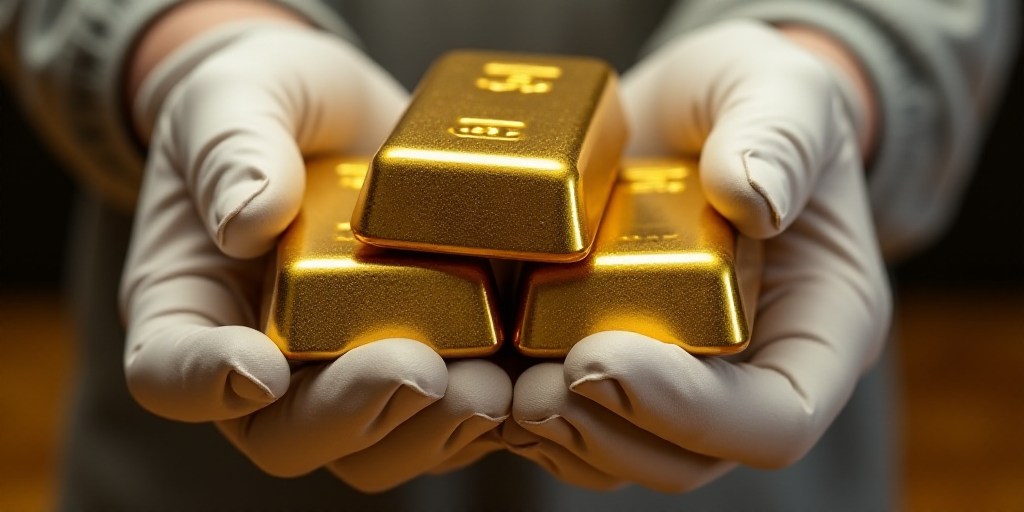 a person in white gloves is holding a stack of gold bars in their hands and a glove is on the top of