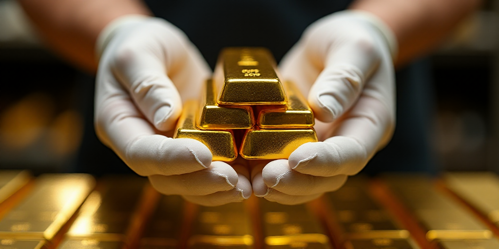 a person in white gloves is holding a stack of gold bars in their hands and a glove is on the top of