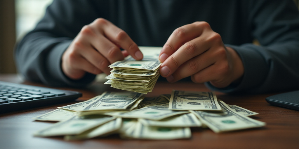 a person is counting money into a pile of bills in front of a keyboard and a keyboard on a desk, Bou