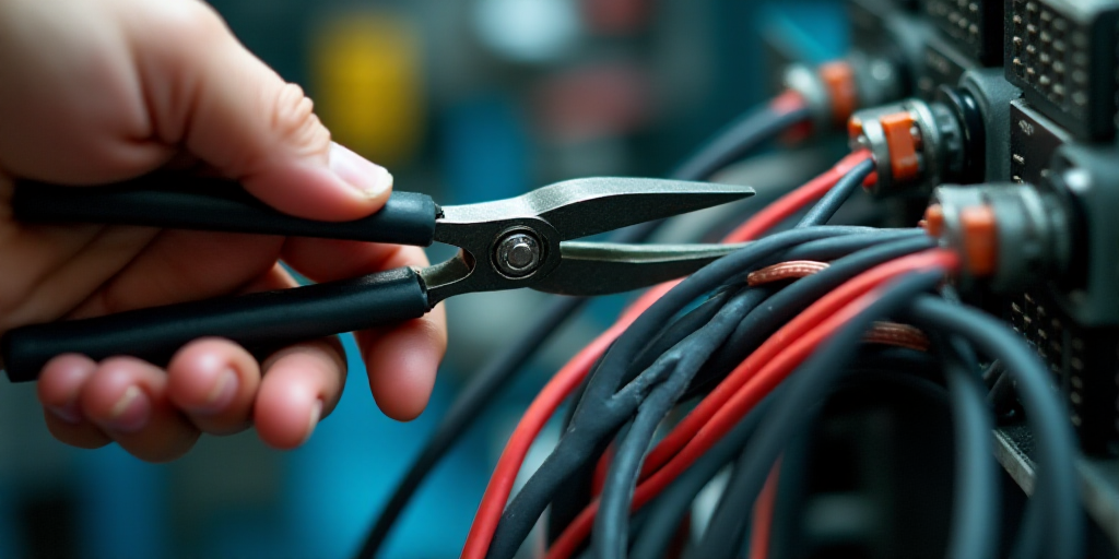 a person is holding a pair of scissors in their hand and wires are connected to the wires in the bac