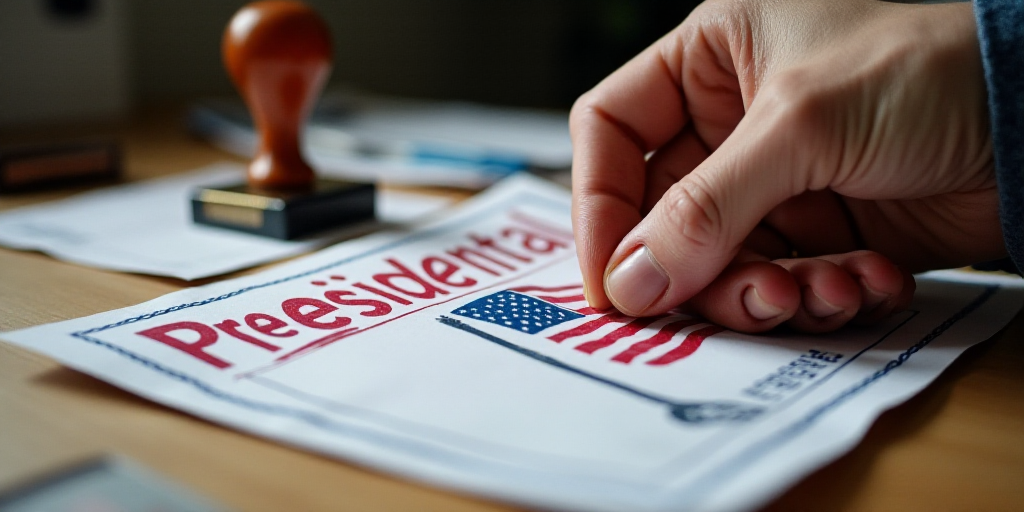 a person is putting a stamp on a political sign that reads presidential on it and a hand is holding