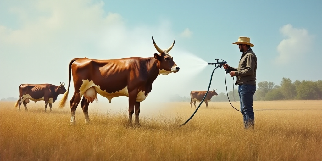 a person is spraying a cow with a hose on a rope in a field with other cows in the background, Afewe