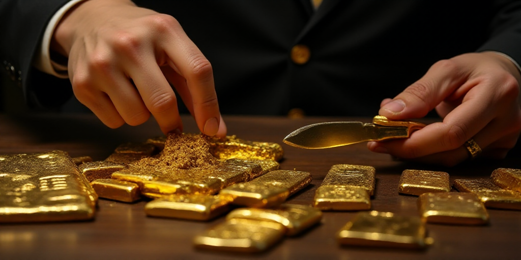 a person is touching a bunch of gold bars on a table with other gold bars on it and a person is hold