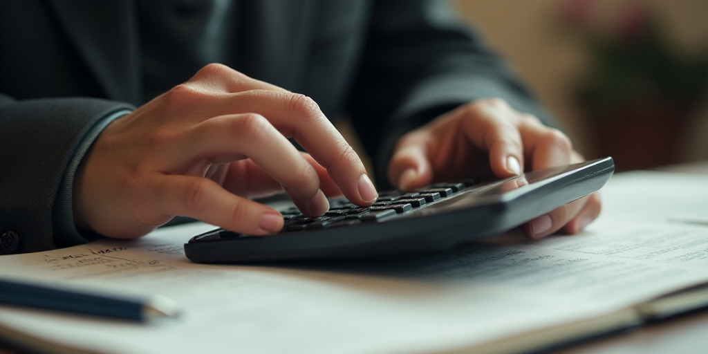 a person is using a calculator and a calculator on a desk with papers and a pen, Evelyn Abelson, dep