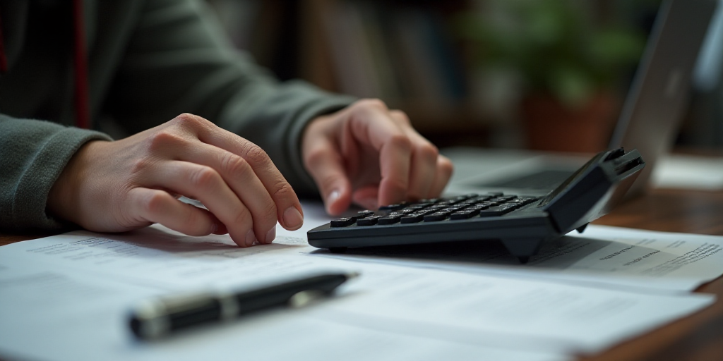 a person is using a calculator and a calculator on a desk with papers and a pen, Evelyn Abelson, dep