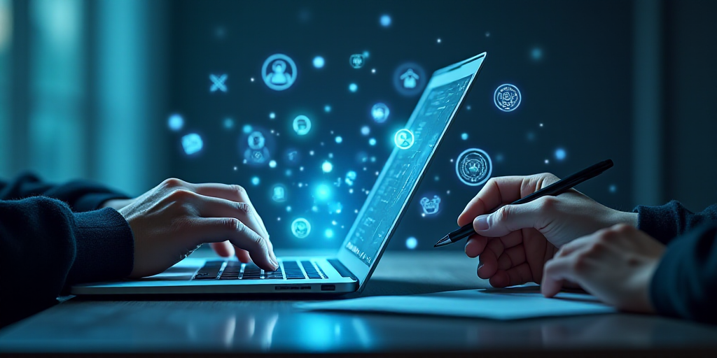 a person is using a laptop with icons coming out of it and a person is holding a pen and a laptop, A