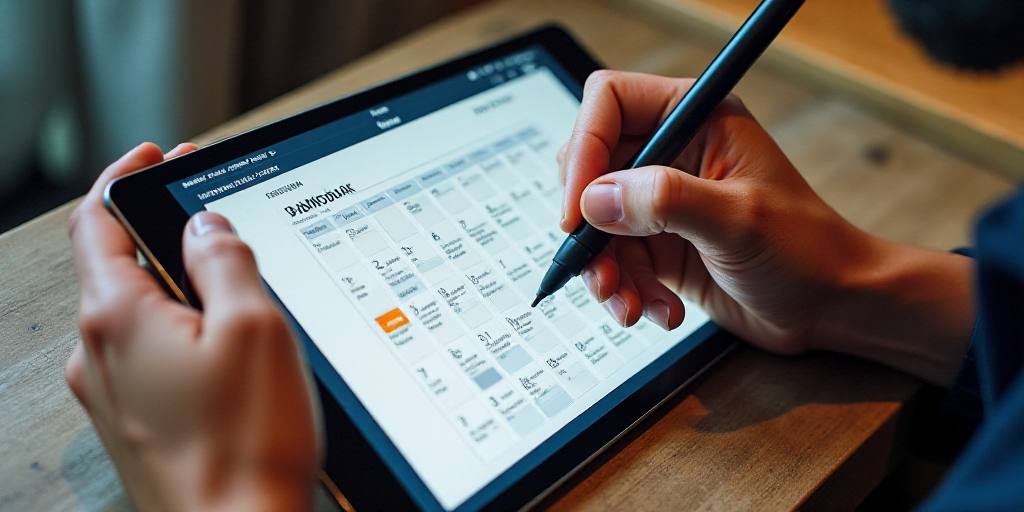a person is writing on a calendar on a tablet computer with a pen and a marker in their hand, Edi Ra