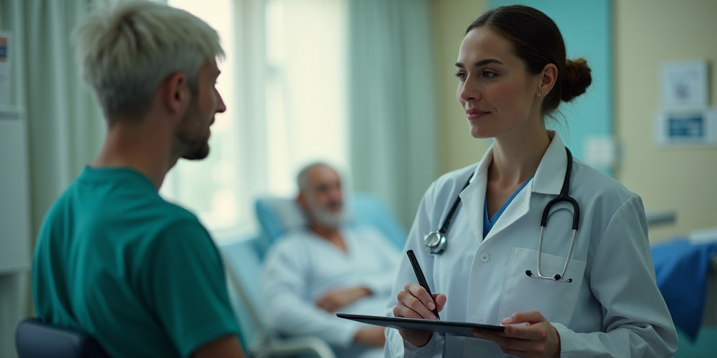 a person is writing on a clipboard in a hospital room with a patient in the background and a person