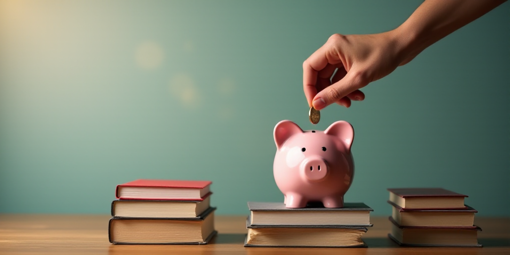 a person putting a coin into a piggy bank on top of a pile of books and stacks of books, Évariste V