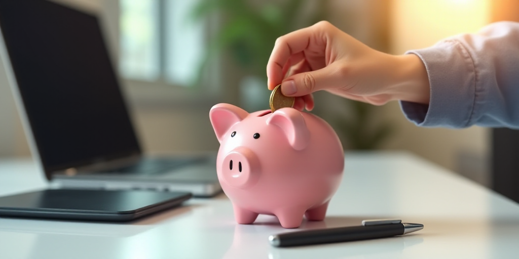 a person putting a coin into a piggy bank on a table with a laptop and a pen in front of them, Andri