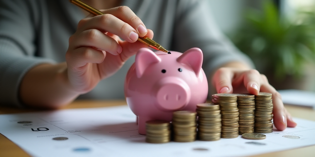 a person putting coins in a piggy bank and putting them in a stack of coins with a pen, Andries Stoc