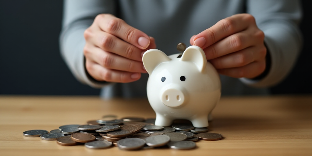 a person putting coins into a piggy bank on a table with a pile of coins in front of them, Évariste