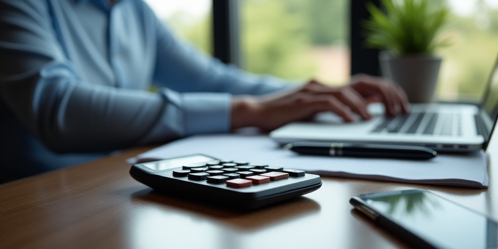 a person sitting at a desk with a calculator and a laptop computer on it, with a calculator and a no