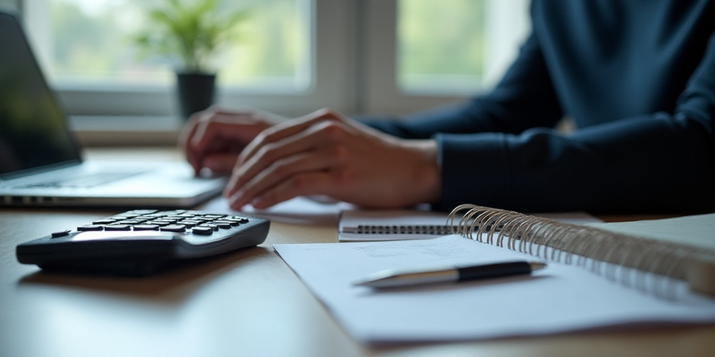 a person sitting at a desk with a calculator and a laptop computer on it, with a calculator and a no