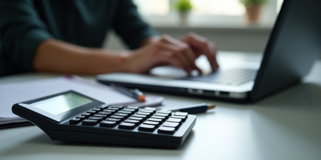 a person sitting at a desk with a calculator and a laptop computer on it, with a calculator and a no