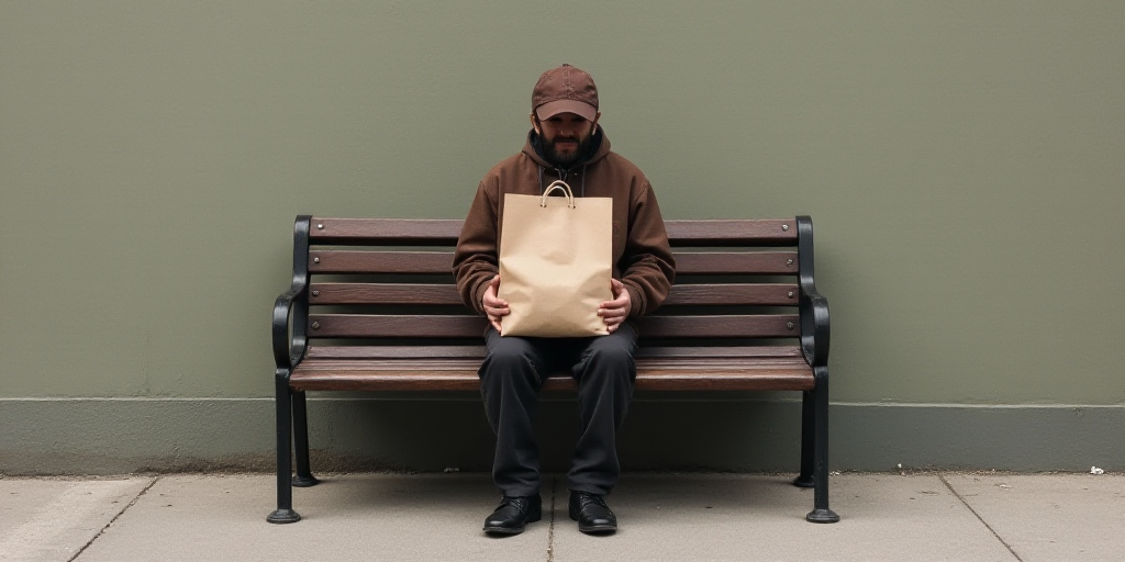 a person sitting on a bench with a bag in their lap and a bag in their lap, with a paper bag in the