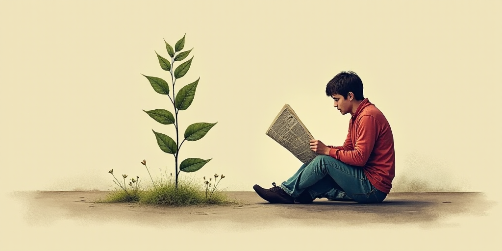 a person sitting on the ground reading a newspaper with a plant in the middle of the image and the w
