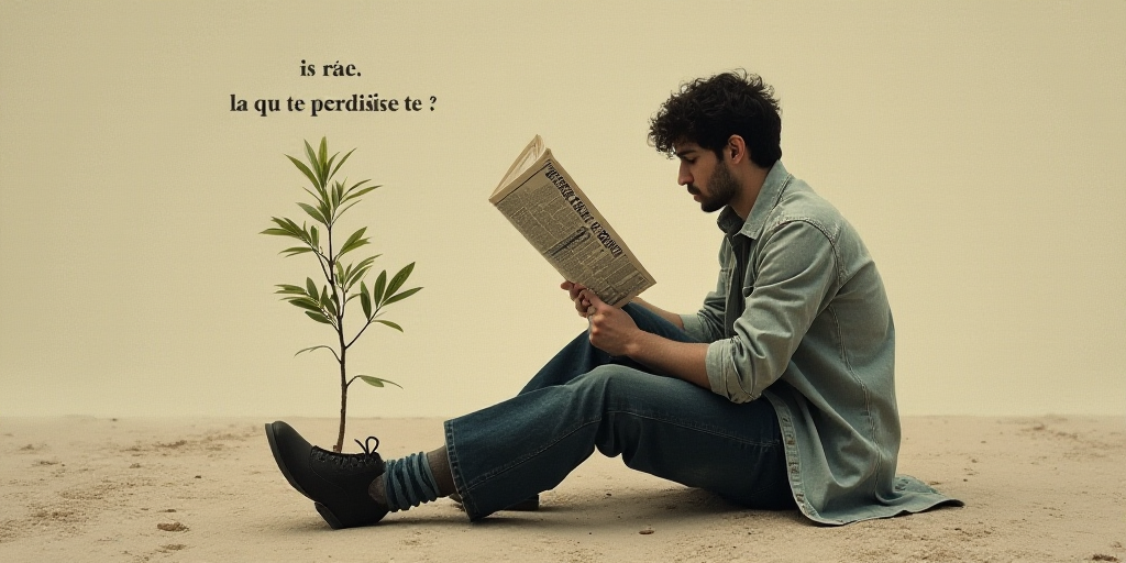 a person sitting on the ground reading a newspaper with a plant in the middle of the image and the w