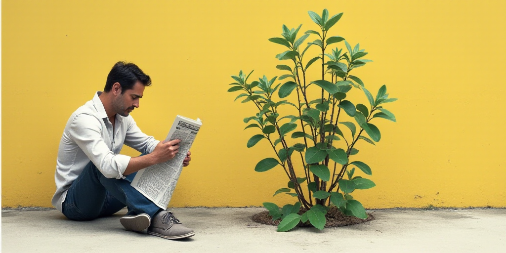 a person sitting on the ground reading a newspaper with a plant in the middle of the image and the w