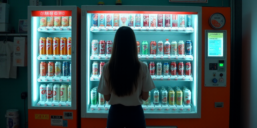a person standing in front of a vending machine with soda cans in it's display case and a woman stan