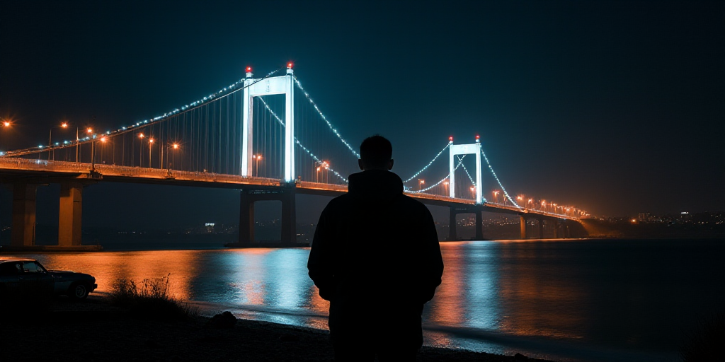 a person standing in front of a bridge with lights on it at night time with a car parked under it, A