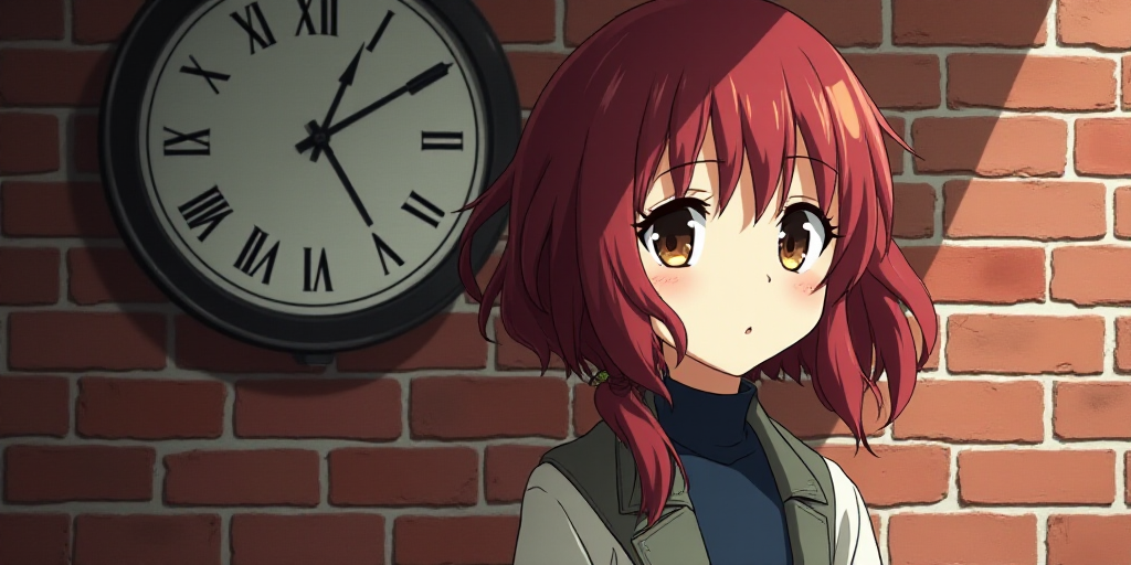 a person standing in front of a brick wall with a clock on it's side and a brick wall behind them, C