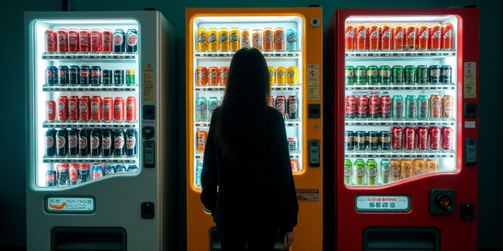 a person standing in front of a vending machine with soda cans in it's display case and a woman stan