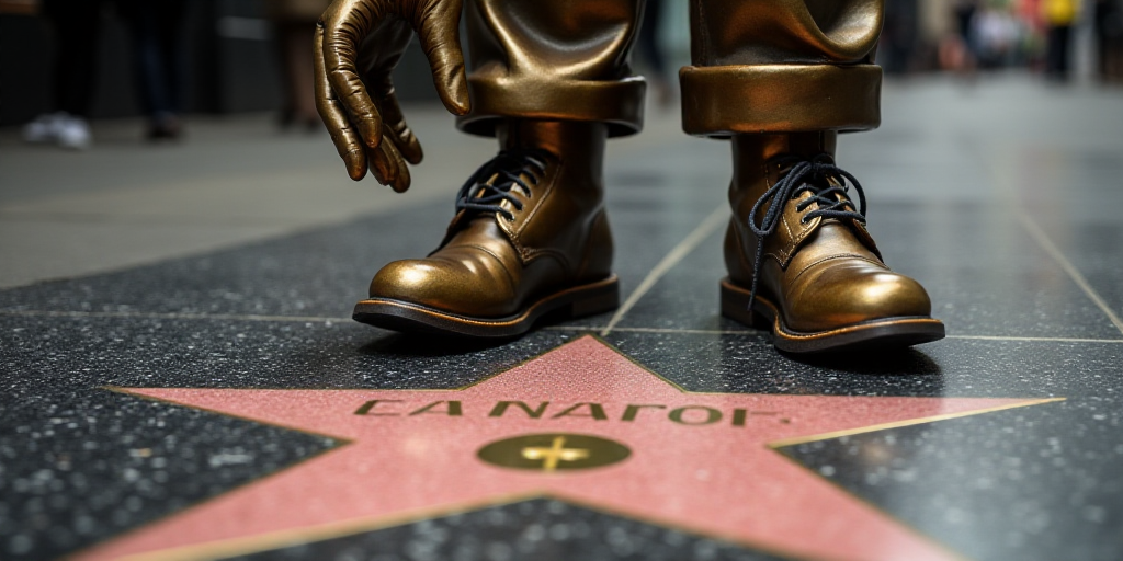 a person standing next to a star on the hollywood walk of fame with a glove on it's hand, Donald Rol