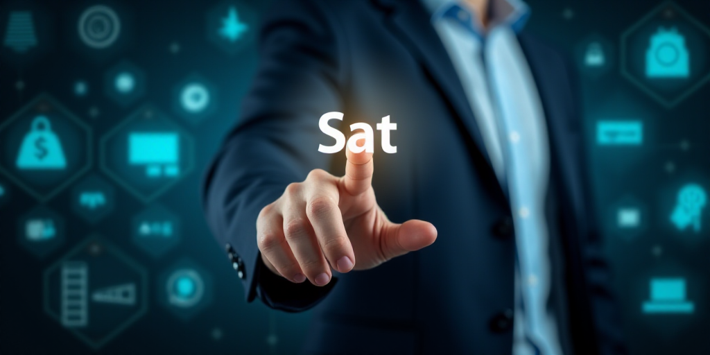 a person touching a button with the word sat on it in front of a background of icons and icons, Fikr