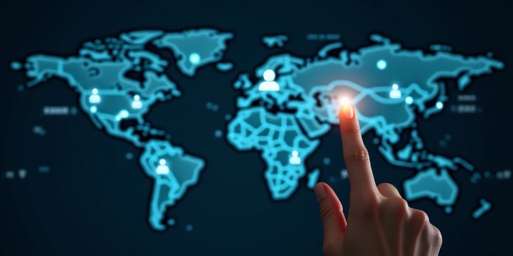 a person touching a finger on a virtual interface with a world map in the background and icons on it
