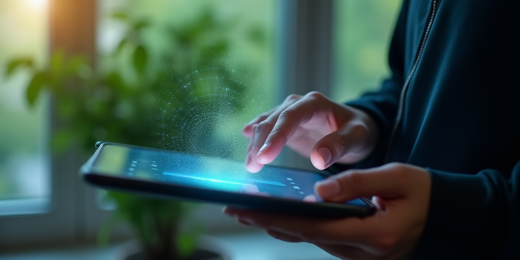 a person touching a tablet with a finger on it with a network of dots above it and a plant in the ba
