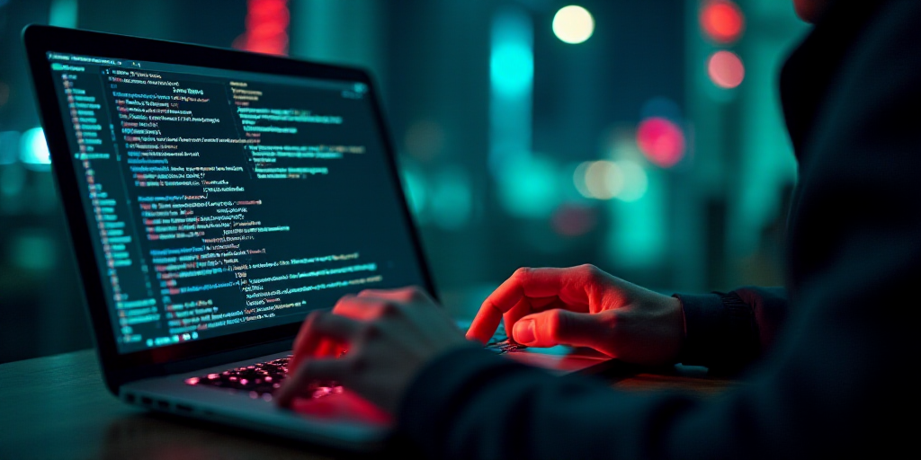 a person typing on a laptop computer with a lot of code on the screen and a hand on the keyboard, Be