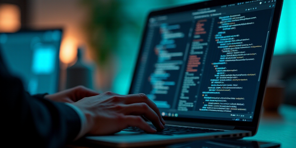 a person typing on a laptop computer with a lot of code on the screen and a hand on the keyboard, Be