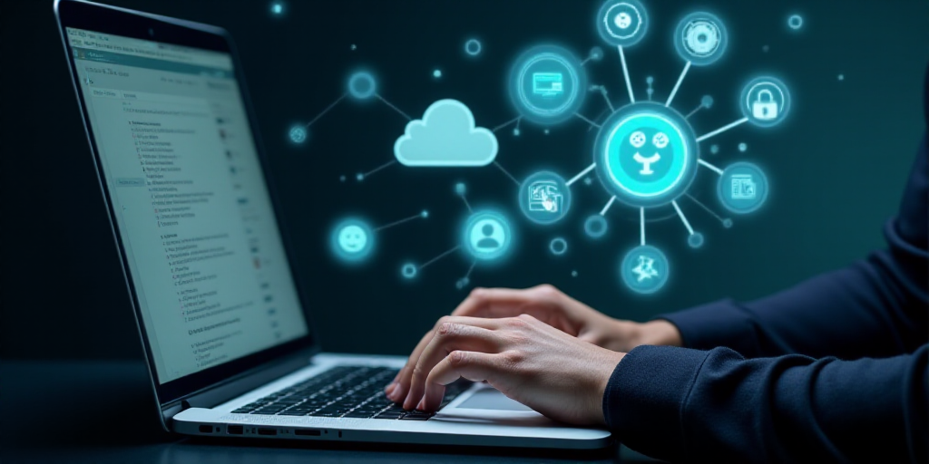 a person typing on a laptop with a keyboard and icons above it that spell out what is important to t