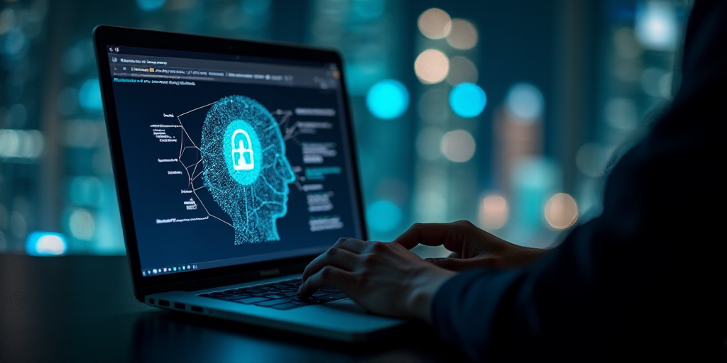 a person using a laptop with a graphic of a head on it and a key to unlock a person, Ai-Mitsu, cyber