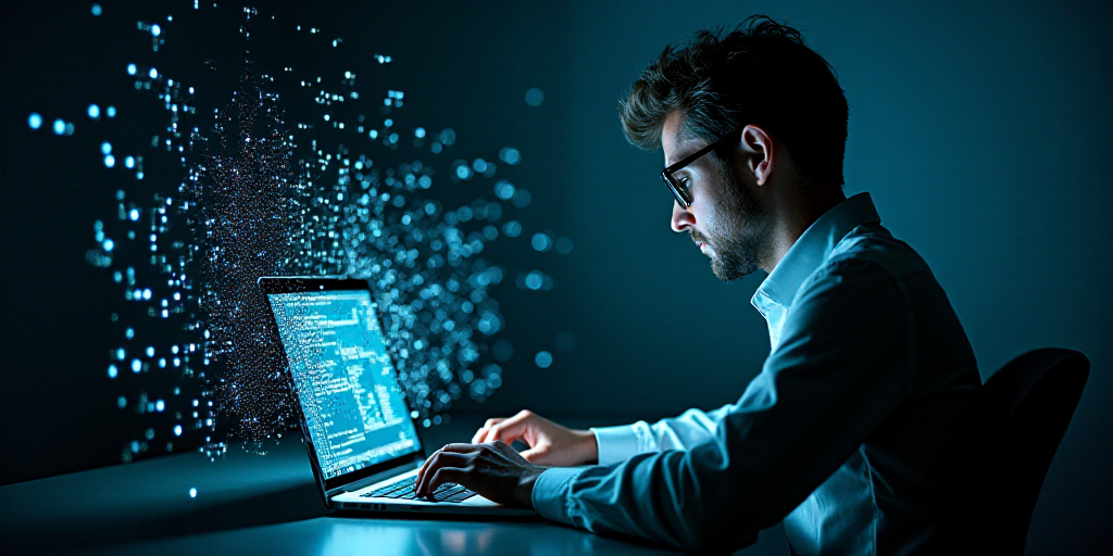 a person using a laptop with a network of dots over them and a person typing on a keyboard in front