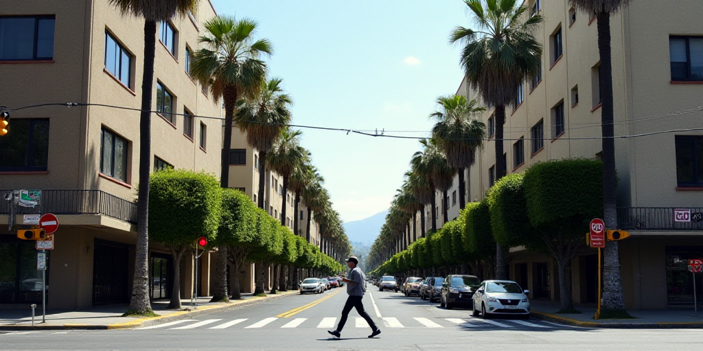 a person walking across a street in front of tall buildings and palm trees in a city with a traffic