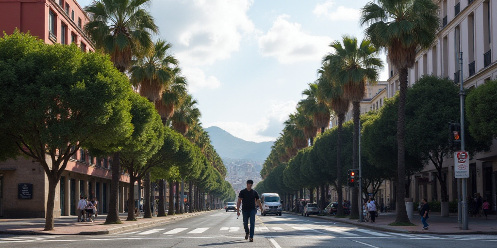 a person walking across a street in front of tall buildings and palm trees in a city with a traffic